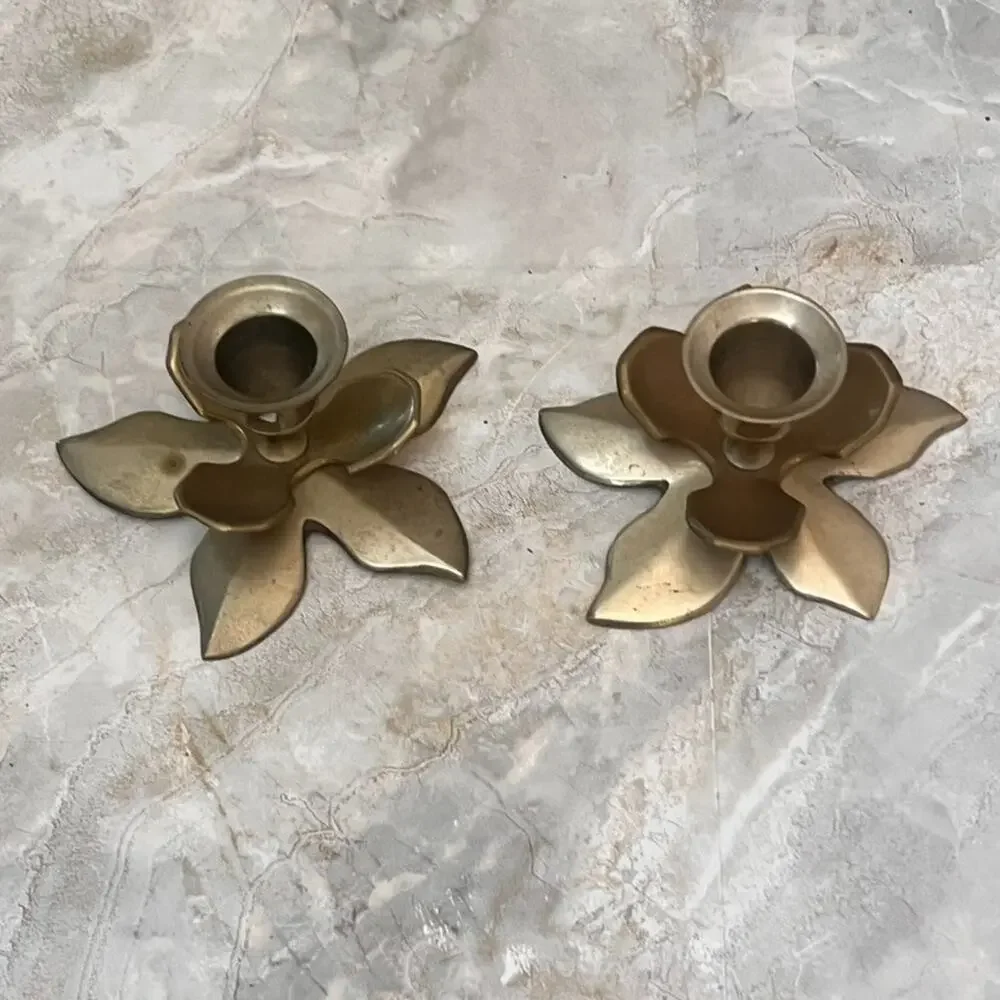 Pair of Vintage Lotus Flower Candlestick Holders Mid Century Modern Decor